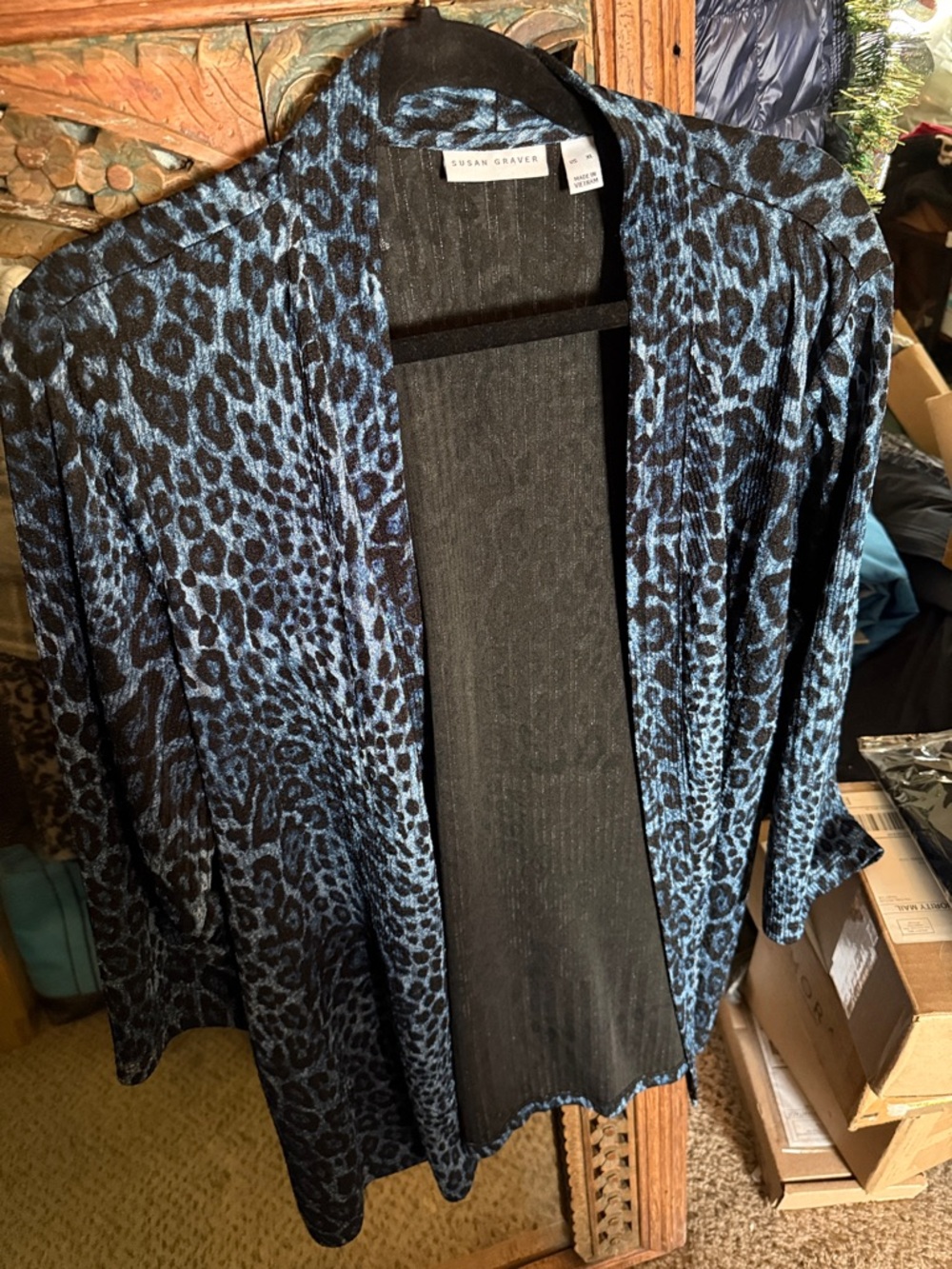 Susan Graber, Blue And Black Cheetah Print Cardigan Xl